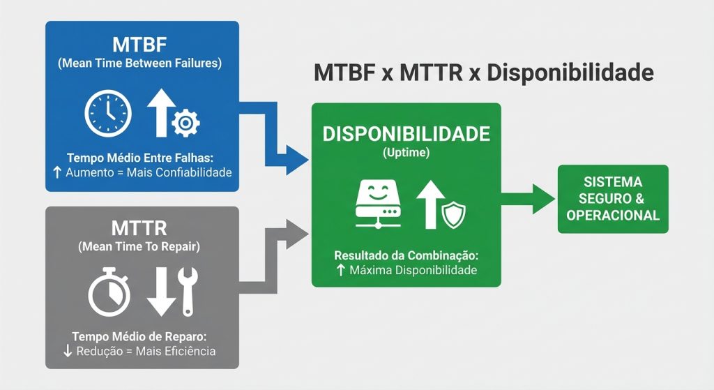 Diagrama de MTBF e MTTR em segurança eletrônica em subestação, mostrando impacto na disponibilidade e no custo operacional.