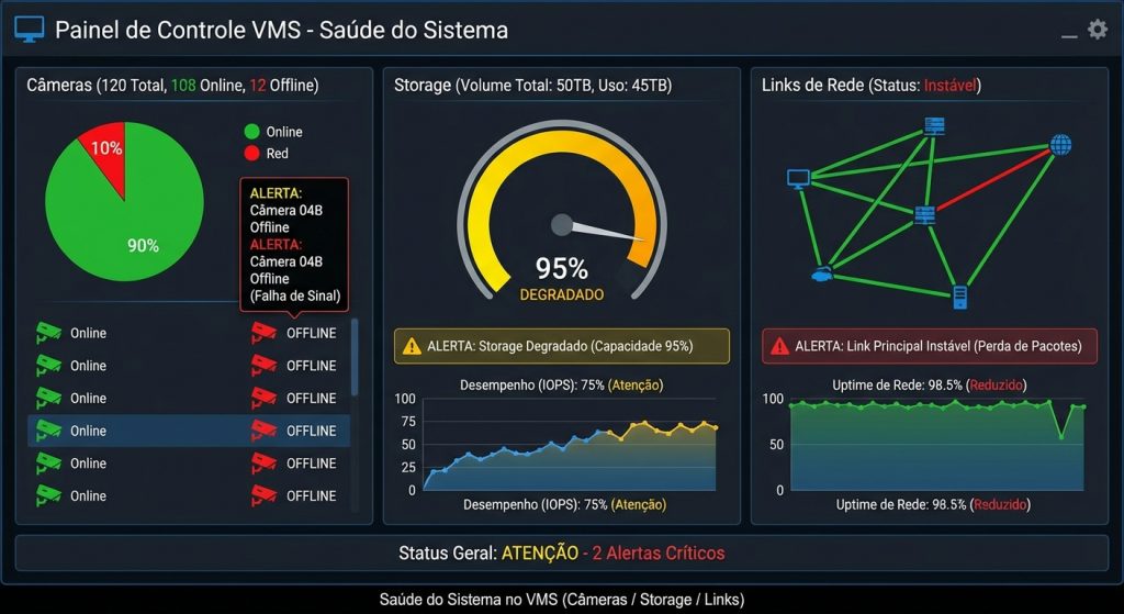 Painel de saúde do sistema no VMS em subestação, com alertas de câmera offline, storage degradado e link instável.