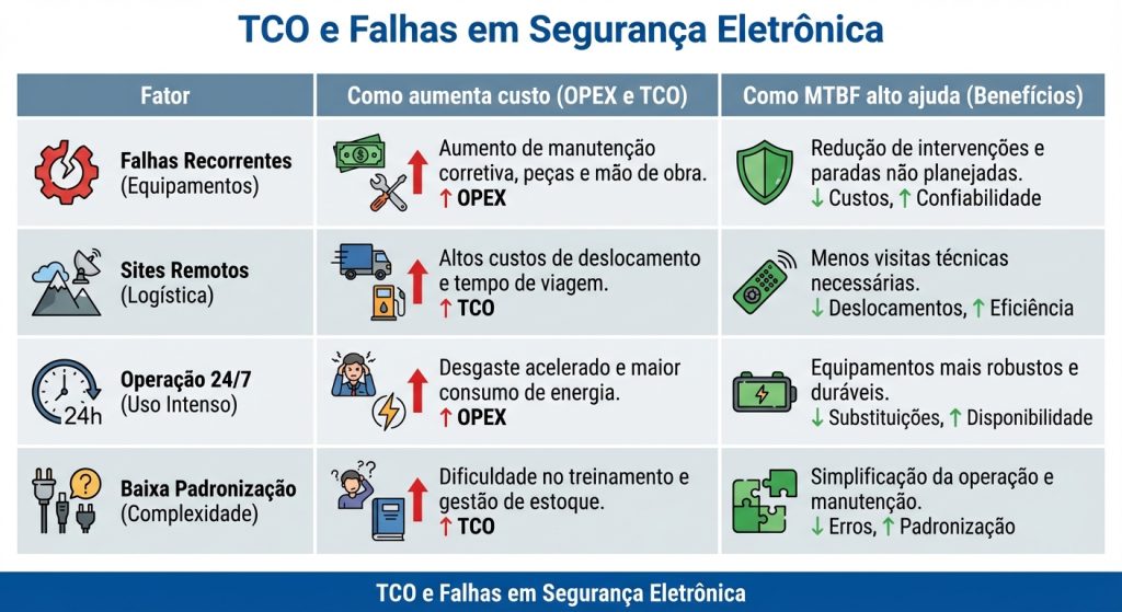 Tabela de TCO e falhas em segurança eletrônica em data center, relacionando manutenção, disponibilidade e custos.