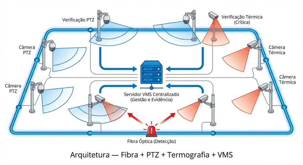 Arquitetura de segurança perimetral em usina solar com fibra óptica, câmeras PTZ e termografia integradas ao VMS para operação 24/7 em clima severo.