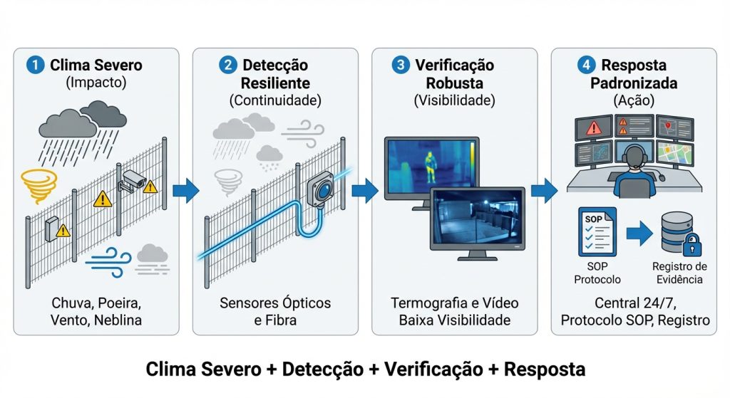 Diagrama de proteção perimetral resiliente a clima severo em usina e instalação de óleo e gás, com detecção por zona, verificação por câmeras e resposta operacional.