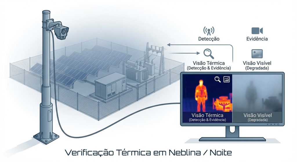 Ilustração de verificação por câmera térmica em perímetro de usina e instalação de óleo e gás, operando em neblina e baixa visibilidade.