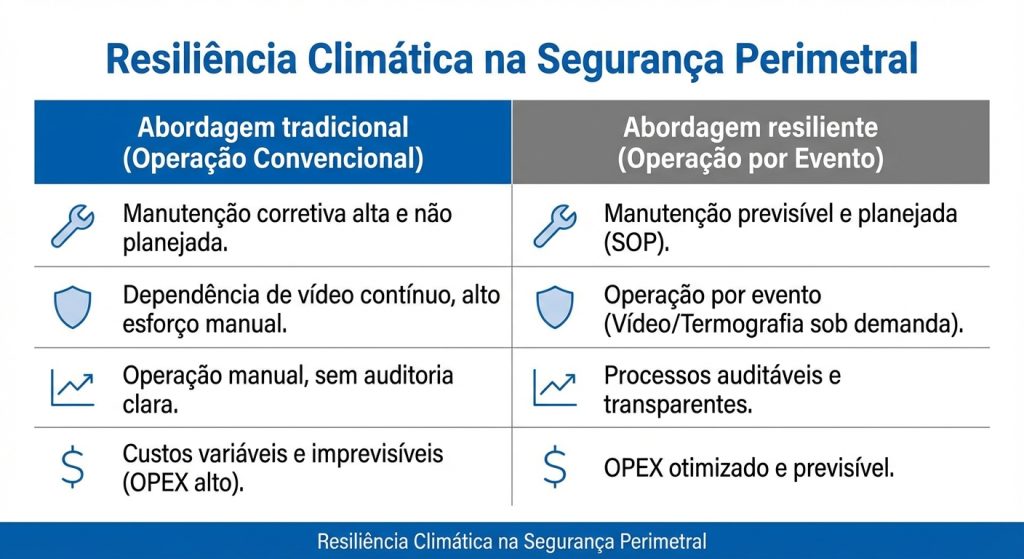 Tabela de comparação de resiliência climática na segurança perimetral em usina e infraestrutura crítica, com impacto em falsos alarmes e custo operacional.