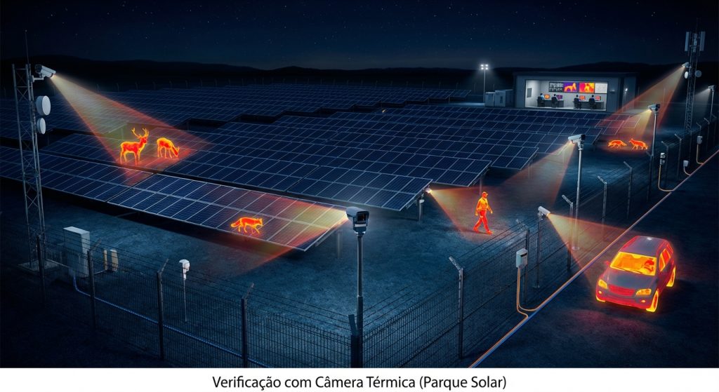 Ilustração de verificação com câmera térmica (termografia) para identificar invasão de animais em parque solar, com operação 24/7.