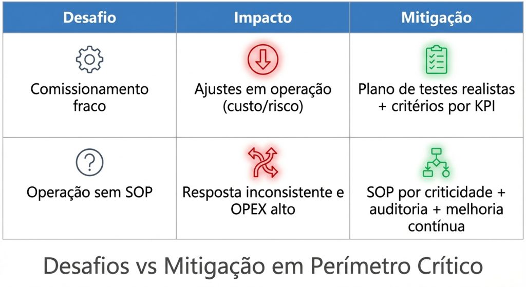 Tabela de desafios e mitigação em projetos de segurança perimetral em mineração e usina, com foco em infraestrutura crítica e operação 24/7.
