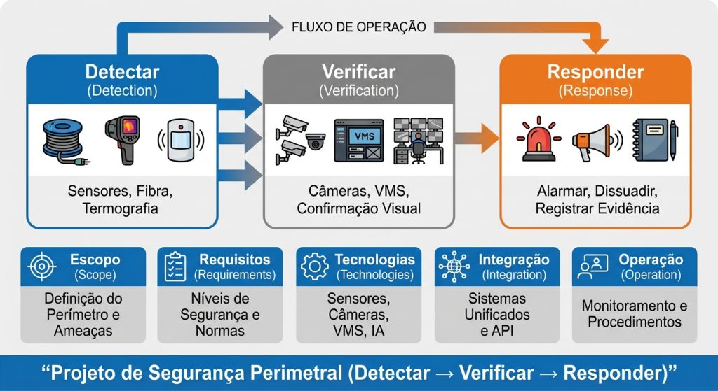 Diagrama do fluxo de projeto de segurança perimetral em infraestrutura crítica, com detecção, verificação por vídeo e resposta em operação 24/7 em usina.