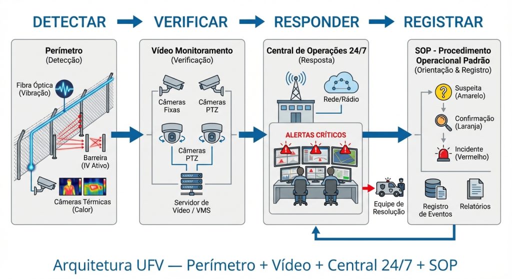 Arquitetura de segurança eletrônica em usina solar (UFV) com segurança perimetral, videomonitoramento e central 24/7 integrados a SOP por zona.
