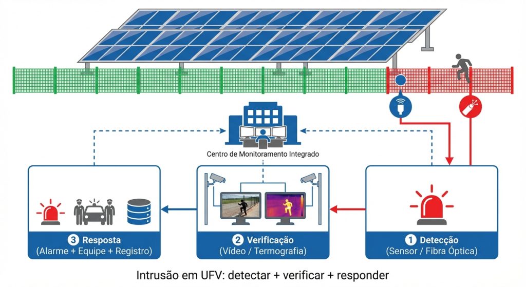 Diagrama de intrusão em usina solar (UFV) mostrando fluxo detectar por zona, verificar por vídeo e responder com SOP em infraestrutura crítica.