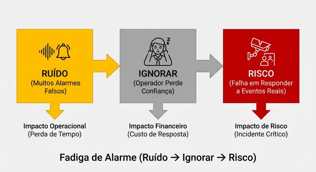 Diagrama de fadiga de alarme em videomonitoramento 24/7 em mineração, mostrando como ruído repetido aumenta o risco operacional.