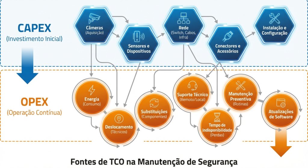 Diagrama de TCO de manutenção em sistema de segurança eletrônica em usina solar, mostrando falhas, deslocamento e indisponibilidade.