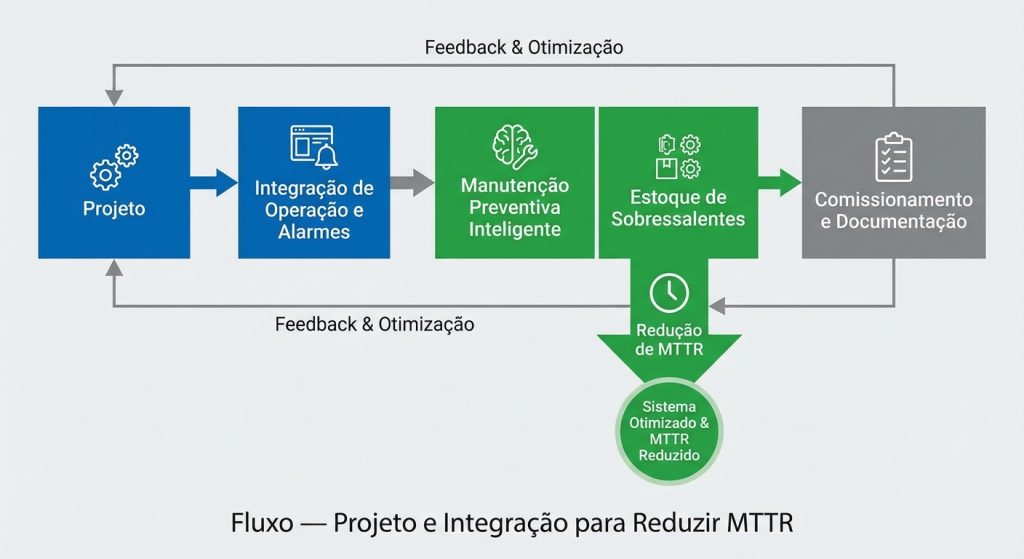 Fluxo de projeto e integração para reduzir MTTR em sistema de segurança eletrônica em data center, com monitoramento remoto e escalonamento.