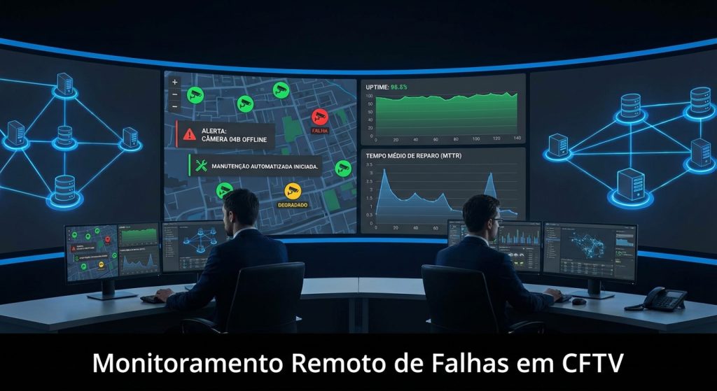 Ilustração de monitoramento remoto de falhas em CFTV corporativo em data center, com alertas de câmera offline e storage degradado.