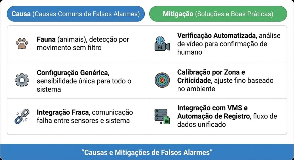 Tabela de causas e mitigação de alarmes falsos em segurança perimetral em mineração, com foco em videomonitoramento 24/7.