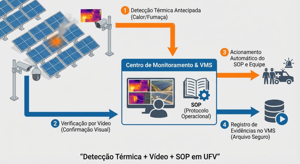 Diagrama de prevenção de incêndio em usina solar (infraestrutura crítica) com termografia, videomonitoramento e procedimentos de resposta por zona.