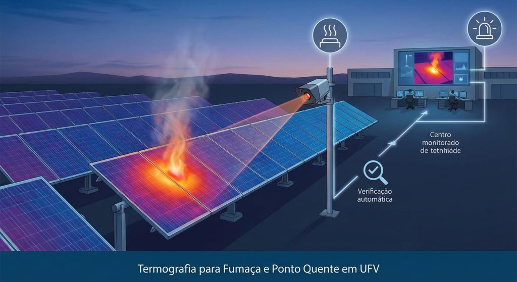 Ilustração de câmera térmica (termografia) para detecção inicial de fumaça e anomalia térmica em usina solar (infraestrutura crítica).