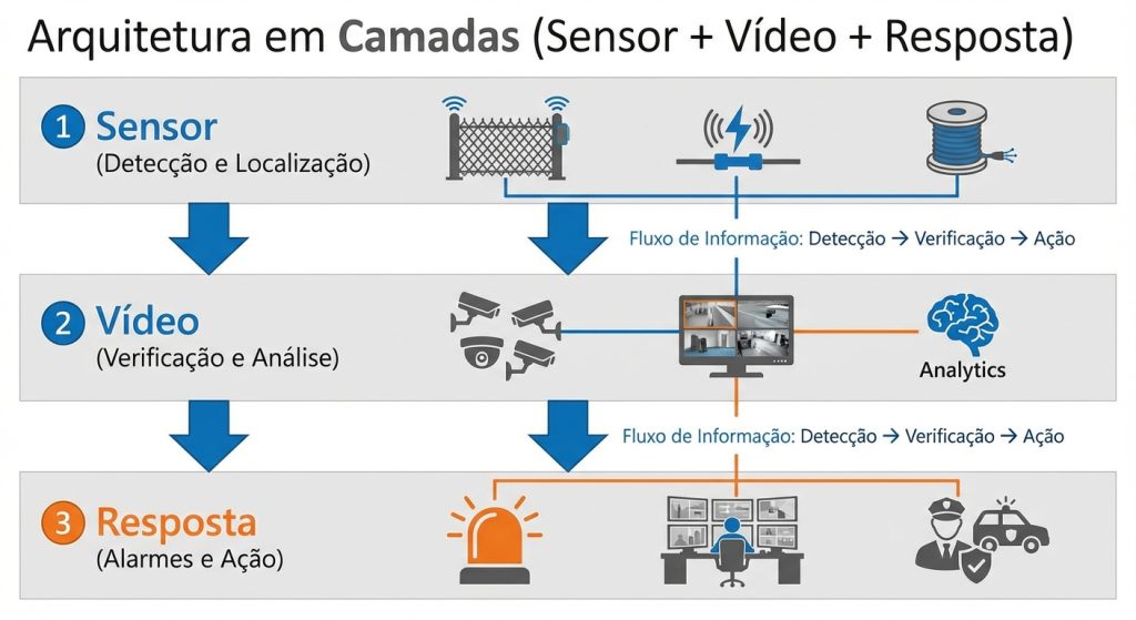 Diagrama de arquitetura em camadas para segurança perimetral em parque solar, com sensor, verificação por vídeo e resposta.