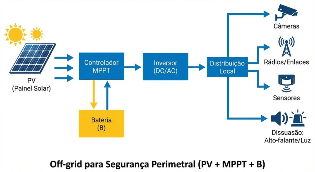 Diagrama de sistema off-grid para segurança perimetral em usina solar, com painel fotovoltaico, controlador MPPT, bateria e carga (câmera/radio/corneta).