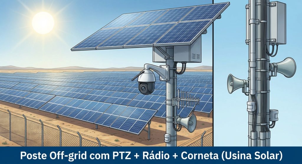 Ilustração de poste off-grid com câmera PTZ, rádio e corneta IP para segurança perimetral em usina solar.