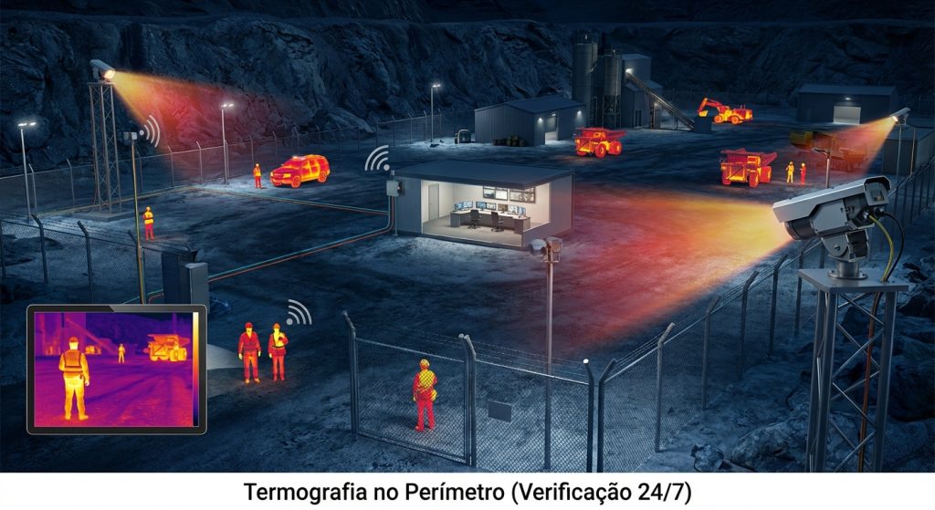 Ilustração de câmera térmica para verificação 24/7 em segurança perimetral em usina de energia (infraestrutura crítica).