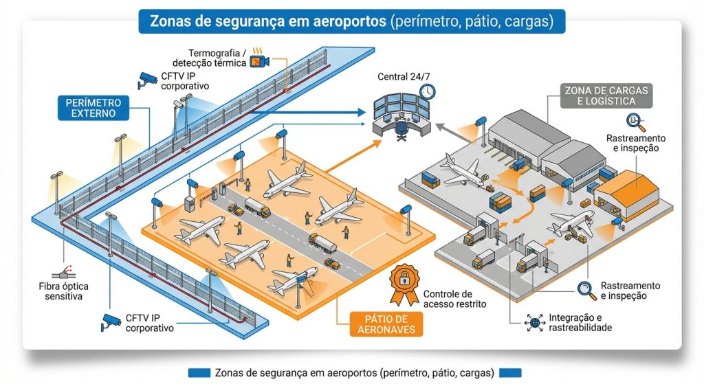 Mapa conceitual de zonas de segurança em aeroporto: perímetro, pátio e terminal de cargas em infraestrutura crítica.