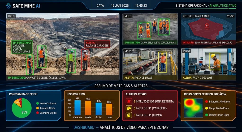 Dashboard de analíticos de vídeo para EPI e zonas de risco em instalação crítica de óleo e gás, com alertas e evidências.