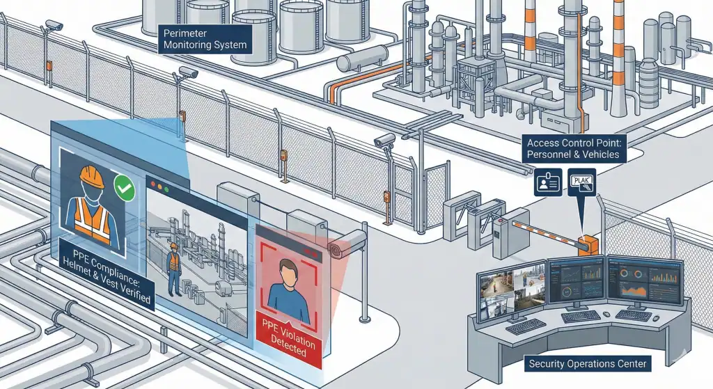 Segurança eletrônica para óleo e gás com monitoramento perimetral e analíticos de vídeo