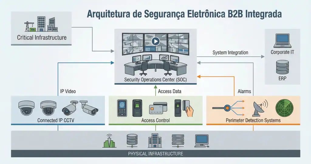 Ilustração técnica em estilo corporativo mostrando arquitetura de segurança eletrônica para infraestrutura crítica, com camadas integradas de CFTV IP, controle de acesso, detecção perimetral, integração com SOC e sistemas corporativos, visual limpo, cores sóbrias, fundo claro, aparência profissional e tecnológica, sem pessoas, foco em engenharia e integração de sistemas